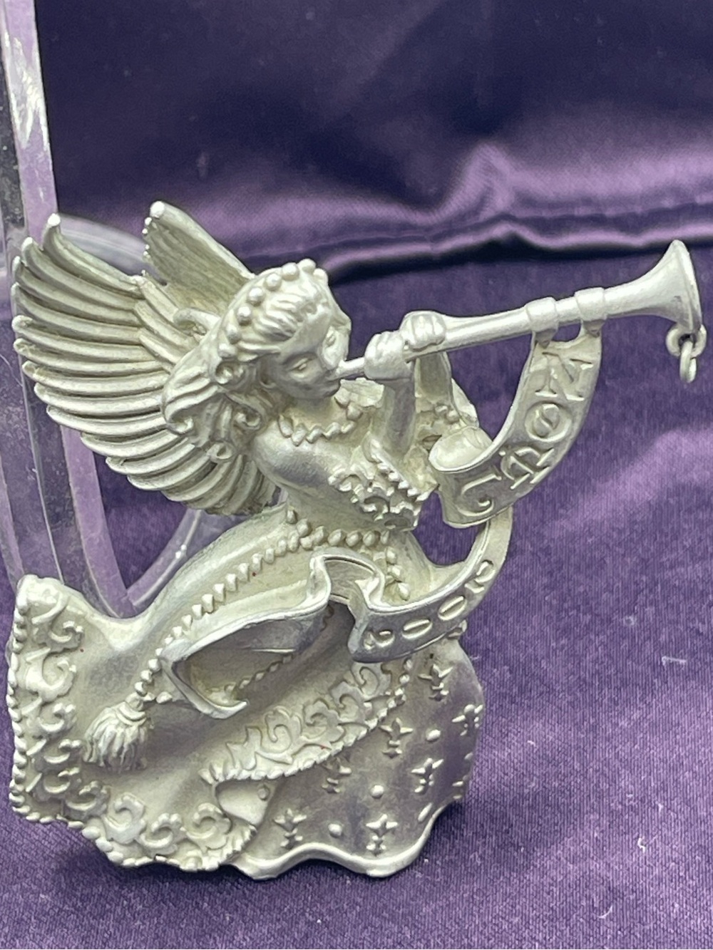 VTG Avon Annual Solid Pewter Ornament:  Year “2002” Christmas Angel Noel Trumpet
